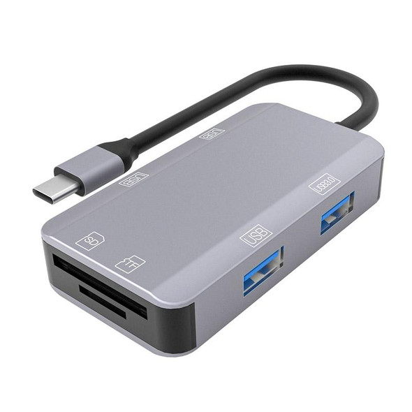 NK-3049H 6 in 1 USB-C / Type-C to TF / SD Card Slot + USB 3.0 + 3 USB 2.0 Female Adapter(Space Grey)