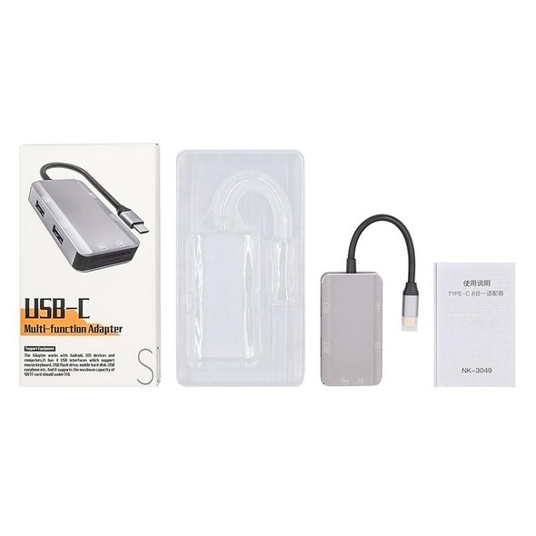 NK-3049 6 in 1 USB-C / Type-C to TF / SD Card Slot + 4 USB Female Adapter(Space Grey)