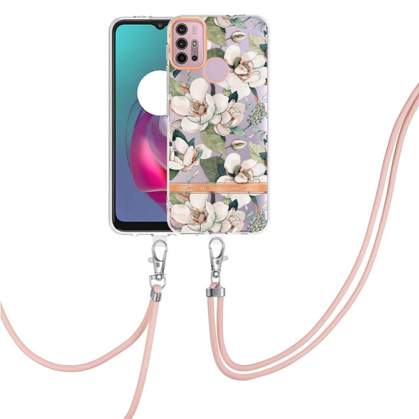 Motorola Moto G30 / G20 / G10 / G10 Power Flowers Series TPU Phone Case with Lanyard(Green Gardenia)