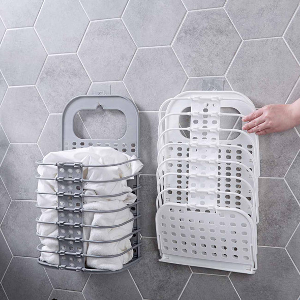 Space-Saving Wall-Mounted Folding Laundry Basket - Grey/White