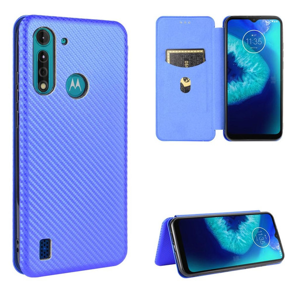 Motorola Moto G8 Power Lite Carbon Fiber Texture Magnetic Horizontal Flip TPU + PC + PU Leather Case with Rope & Card Slot(Blue)