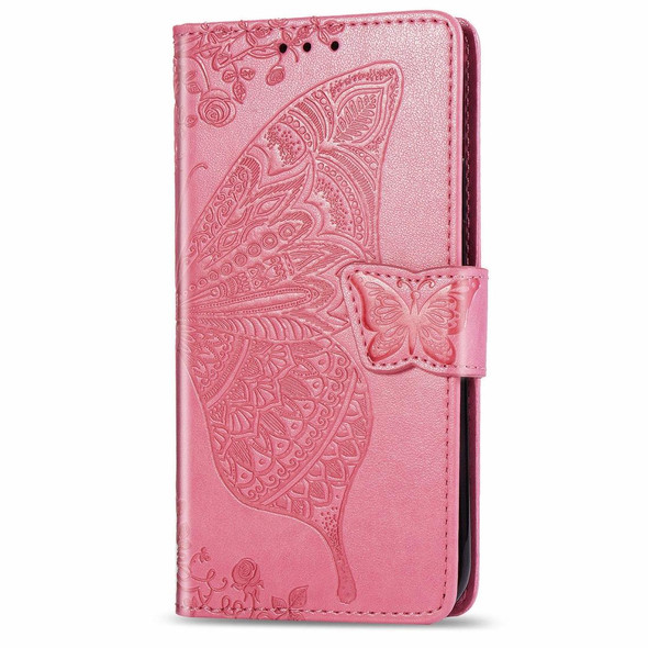 Motorola One Action Butterfly Love Flower Embossed Horizontal Flip Leather Case with Bracket Lanyard Card Slot Wallet(Pink)