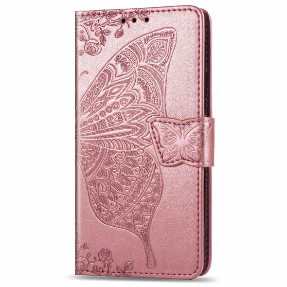 Motorola One Action Butterfly Love Flower Embossed Horizontal Flip Leather Case with Bracket Lanyard Card Slot Wallet(Rose Gold)