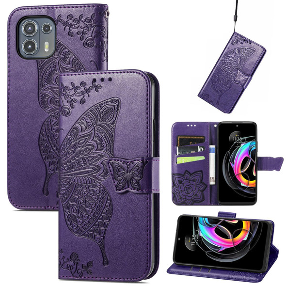 Motorola Moto Edge 20 Lite Butterfly Love Flower Embossed Horizontal Flip Leather Case with Holder & Card Slots & Wallet & Lanyard(Dark Purple)