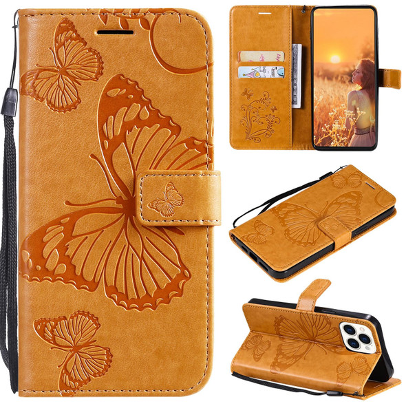 3D Butterfly Embossed Pattern Horizontal Flip Leatherette Case with Holder & Card Slot & Wallet & Lanyard - iPhone 13 Pro Max(Yellow)