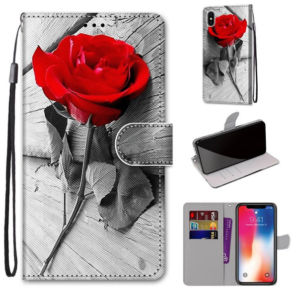 Coloured Drawing Cross Texture Horizontal Flip PU Leatherette Case with Holder & Card Slots & Wallet & Lanyard - iPhone XS / X(B10 Wood Red Rose)