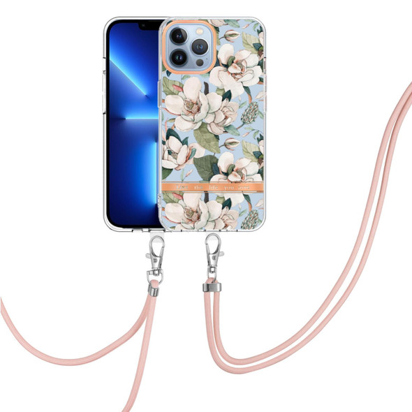 Flowers Series TPU Phone Case with Lanyard - iPhone 13 Pro(Green Gardenia)