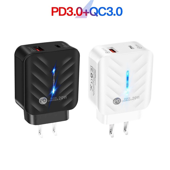 PD03 20W PD3.0 + QC3.0 USB Charger with USB to 8 Pin Data Cable, US Plug(Black)