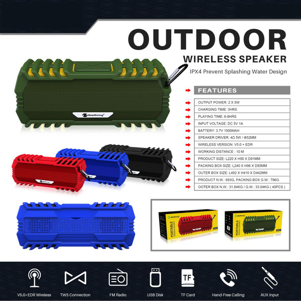 NewRixing NR-5015 Outdoor Portable Bluetooth Speakerr with Hook, Support Hands-free Call / TF Card / FM / U Disk(Green)