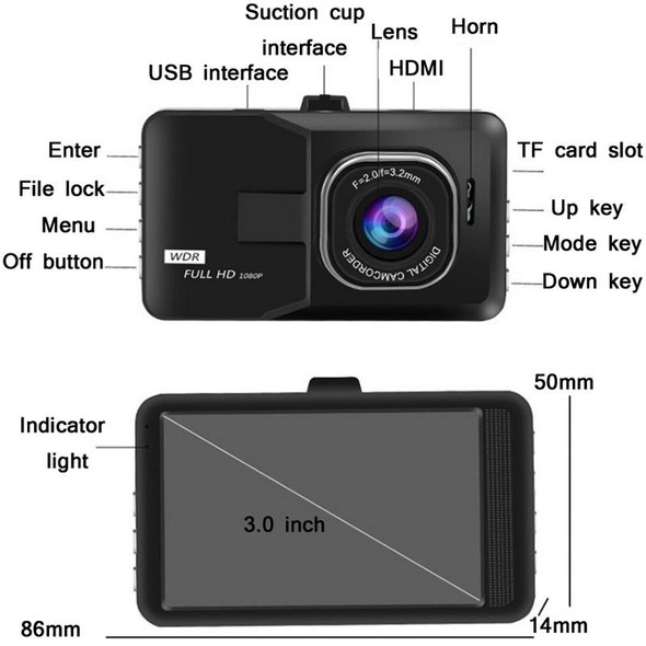 3.0 Inch HD 1080P Wide-Angle Driving Recorder With Reversing Image Specification Normal Definition Single RecordBlack