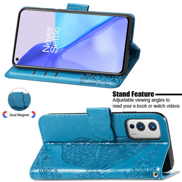 OnePlus 9 Butterfly Love Flowers Embossed Horizontal Flip Leather Case with Holder & Card Slots & Wallet & Lanyard(Blue)