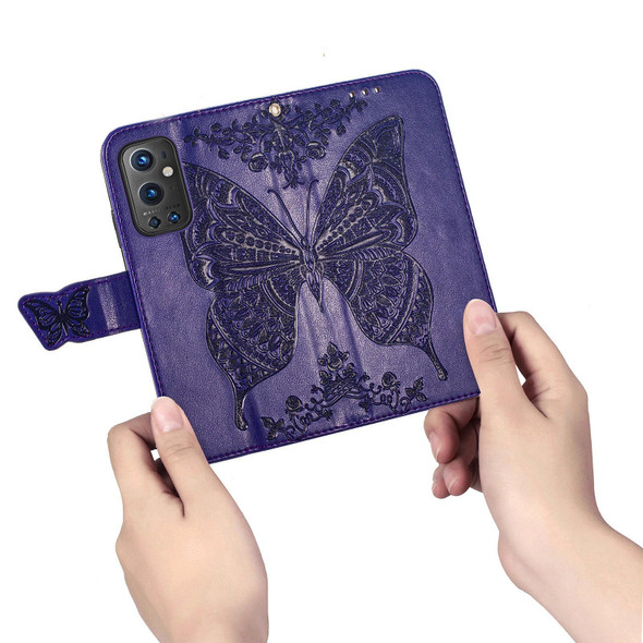 OnePlus 9 Pro Butterfly Love Flowers Embossed Horizontal Flip Leather Case with Holder & Card Slots & Wallet & Lanyard(Dark Purple)