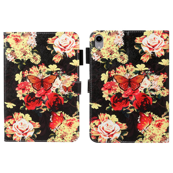 Cross Texture Painted Smart Leatherette Tablet Case - iPad mini 6(Black Peonies)