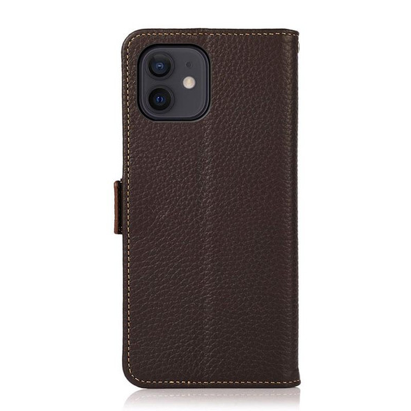 KHAZNEH Side-Magnetic Litchi Genuine Leather RFID Case - iPhone 12 / 12 Pro(Brown)