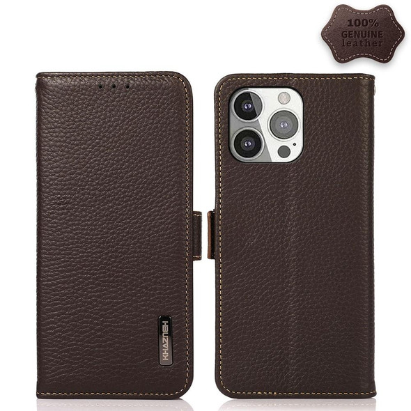 KHAZNEH Side-Magnetic Litchi Genuine Leather RFID Case - iPhone 13 Pro(Brown)