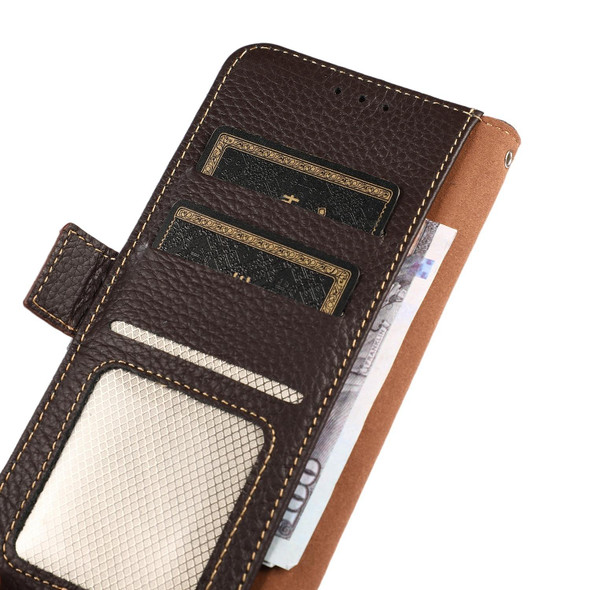 KHAZNEH Side-Magnetic Litchi Genuine Leather RFID Case - iPhone 13 Pro(Brown)