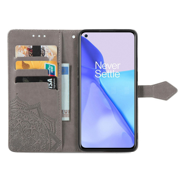 Halfway Mandala Embossing Pattern Horizontal Flip Leather Case with Holder & Card Slots & Wallet & Lanyard - OnePlus 9(Grey)