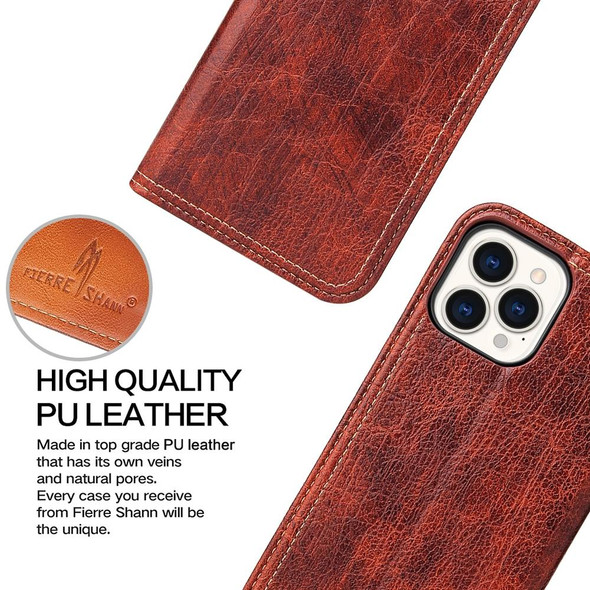 Fierre Shann Retro Tree Bark Texture PU Magnetic Horizontal Flip Leatherette Case with Holder & Card Slots & Wallet - iPhone 13 Pro Max(Red)