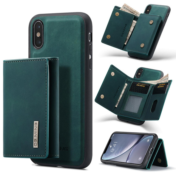 DG.MING M1 Series 3-Fold Multi Card Wallet + Magnetic Back Cover Shockproof Case with Holder Function - iPhone X(Green)