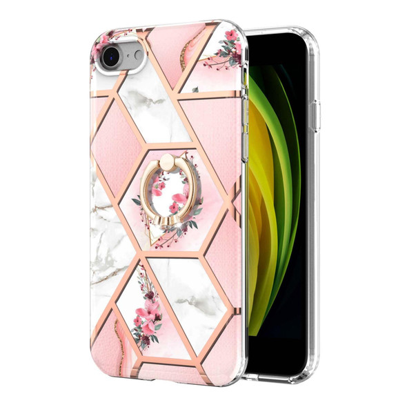 Electroplating Splicing Marble Flower Pattern TPU Shockproof Case with Rhinestone Ring Holder - iPhone SE 2022 / SE 2020 / 7 / 8(Pink Flower)
