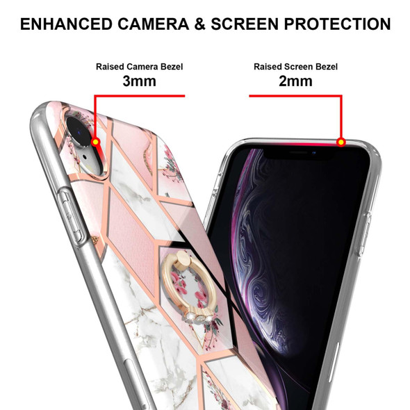 Electroplating Splicing Marble Flower Pattern TPU Shockproof Case with Rhinestone Ring Holder - iPhone XR(Pink Flower)