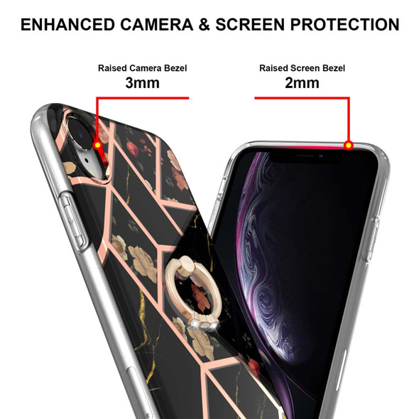 Electroplating Splicing Marble Flower Pattern TPU Shockproof Case with Rhinestone Ring Holder - iPhone XR(Black Flower)