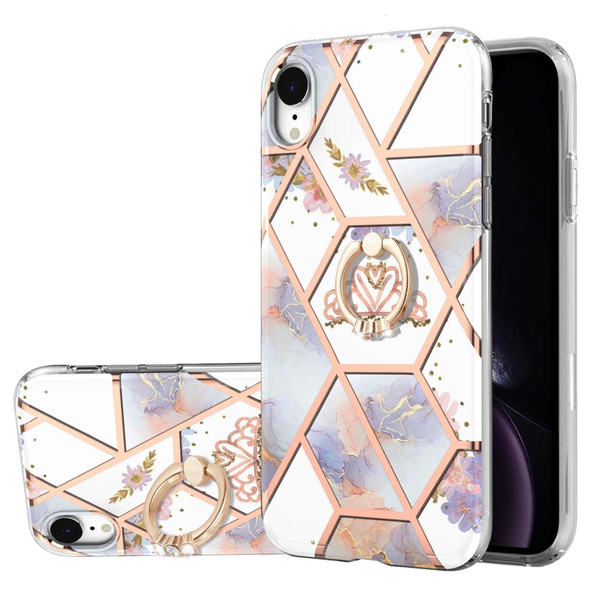 Electroplating Splicing Marble Flower Pattern TPU Shockproof Case with Rhinestone Ring Holder - iPhone XR(Imperial Crown)