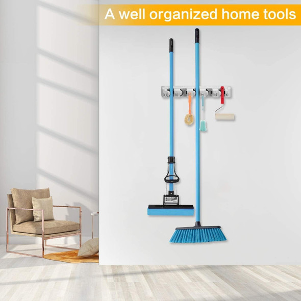 Wall-Mounted Mop and Broom Holder with Hooks - Space Saver