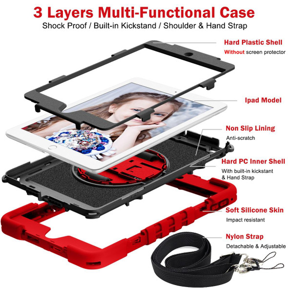 360 Degree Rotation Contrast Color Shockproof Silicone + PC Case with Holder & Hand Grip Strap & Shoulder Strap - iPad mini (2019) / 4(Red+Black)