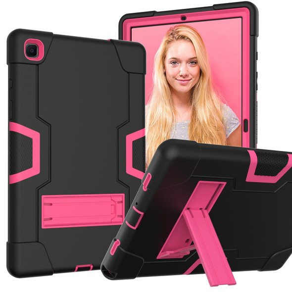 Samsung Galaxy Tab A7 10.4 (2020) T500 Contrast Color Robot Shockproof Silicon + PC Protective Case with Holder(Black + Rose Red)