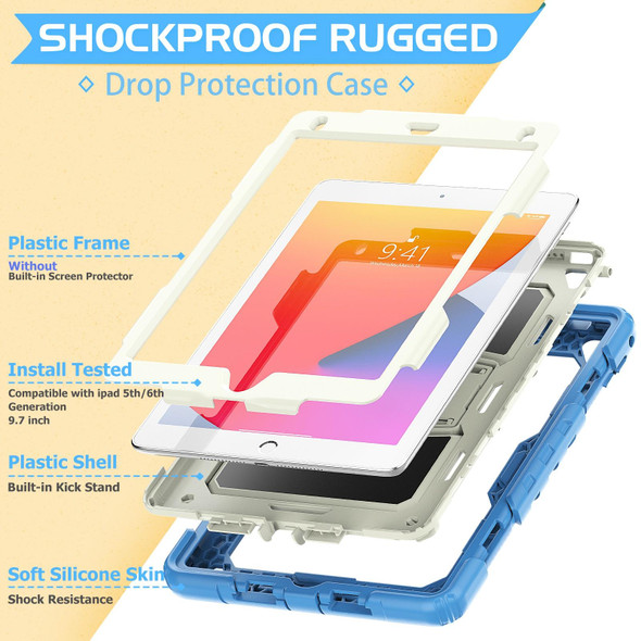 Shockproof Colorful Silicone + Beige PC Tablet Protective Case with Holder & Shoulder Strap - iPad 9.7 2018 / 2017(Blue)