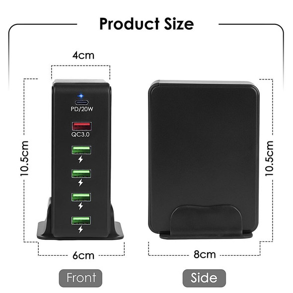 6 in 1 65W PD USB-C / Type-C + QC 3.0 USB + 4 USB Multi-port Travel Charger, UK Plug(Black)