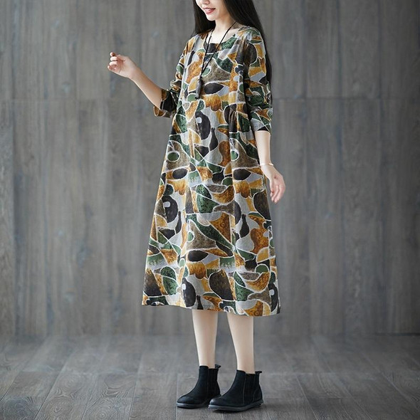 Loose Slim Printed Mid-length Cotton And Linen Dress (Color:Yellow Size:M)