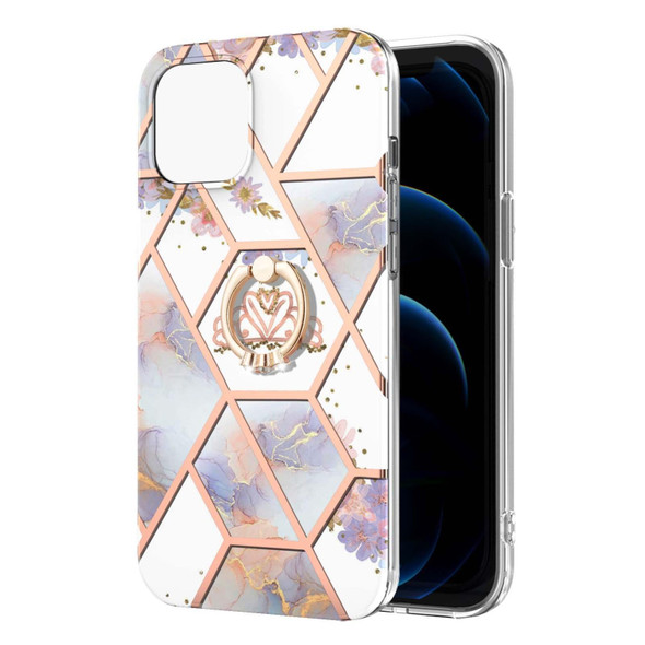 Electroplating Splicing Marble Flower Pattern TPU Shockproof Case with Rhinestone Ring Holder - iPhone 13 mini(Imperial Crown)