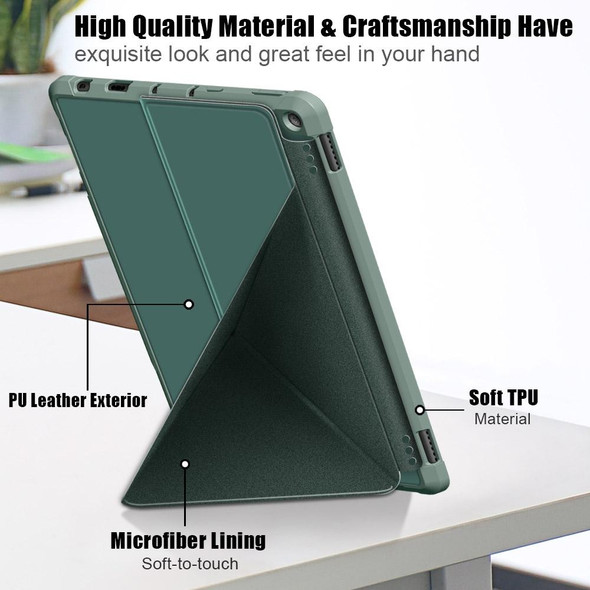 Amazon Kindle Fire HD 10 / 10 Plus 2021 Cloth Texture Multi-folding Horizontal Flip PU Leatherette Shockproof Case with Holder(Dark Green)