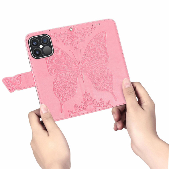 Butterfly Love Flower Embossed Horizontal Flip Leatherette Case with Bracket / Card Slot / Wallet / Lanyard - iPhone 13 Pro(Pink)