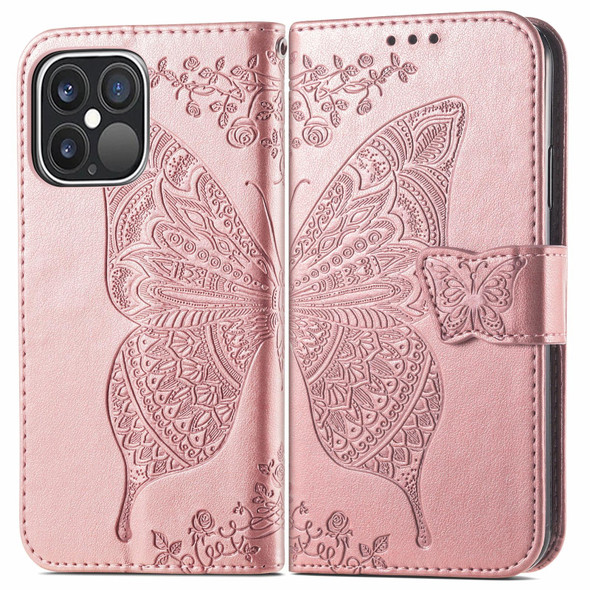 Butterfly Love Flower Embossed Horizontal Flip Leatherette Case with Bracket / Card Slot / Wallet / Lanyard - iPhone 13 Pro Max(Rose Gold)