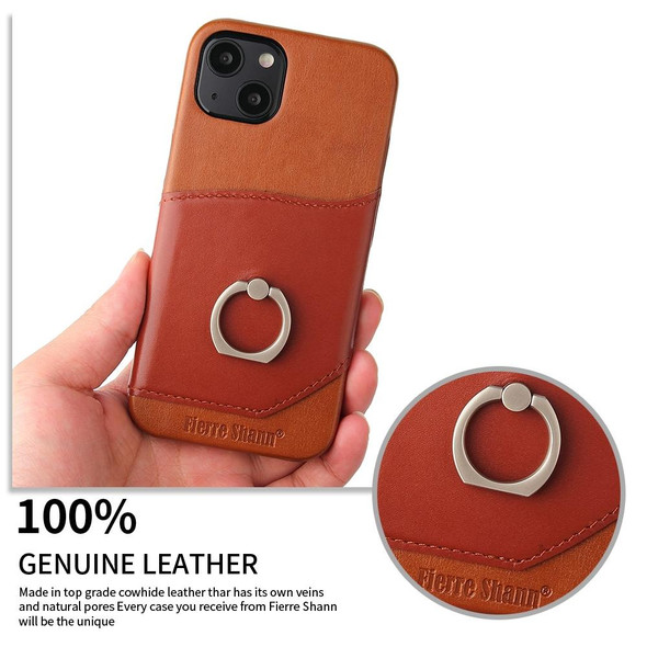 Fierre Shann Oil Wax Texture Genuine Leatherette Back Cover Case with 360 Degree Rotation Holder & Card Slot - iPhone 13 Mini(Brown)