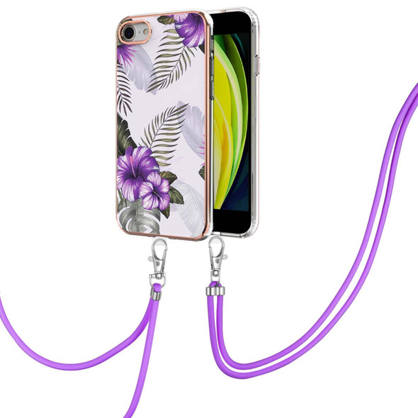 Electroplating Pattern IMD TPU Shockproof Case with Neck Lanyard - iPhone SE 2022 / SE 2020 / 8 / 7(Purple Flower)