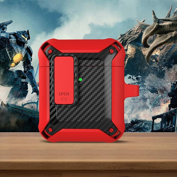 Wireless Earphones Shockproof Bumblebee Carbon Fiber Protective Case with Switch - AirPods 1/2(Red Black)