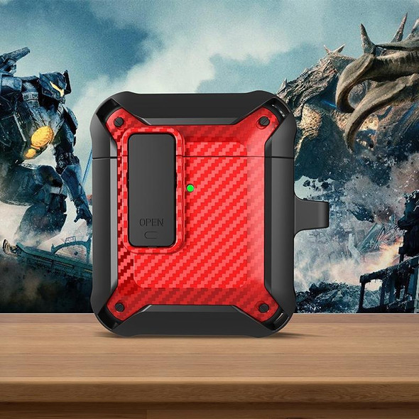 Wireless Earphones Shockproof Bumblebee Carbon Fiber Protective Case with Switch - AirPods 1/2(Black Red)