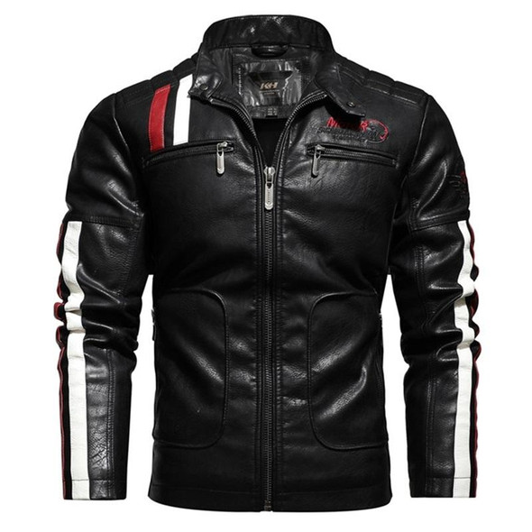 Autumn and Winter Letters Embroidery Pattern Tight-fitting Motorcycle Leatherette Jacket for Men (Color:Black Size:XXXL)