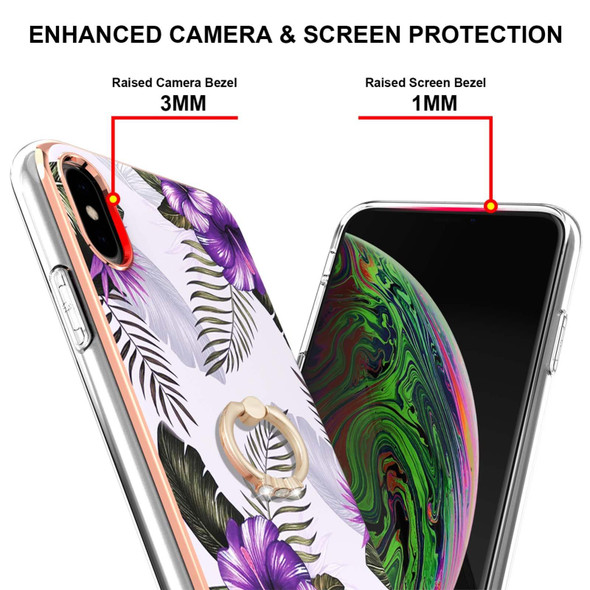 Electroplating Pattern IMD TPU Shockproof Case with Rhinestone Ring Holder - iPhone XS Max(Purple Flower)