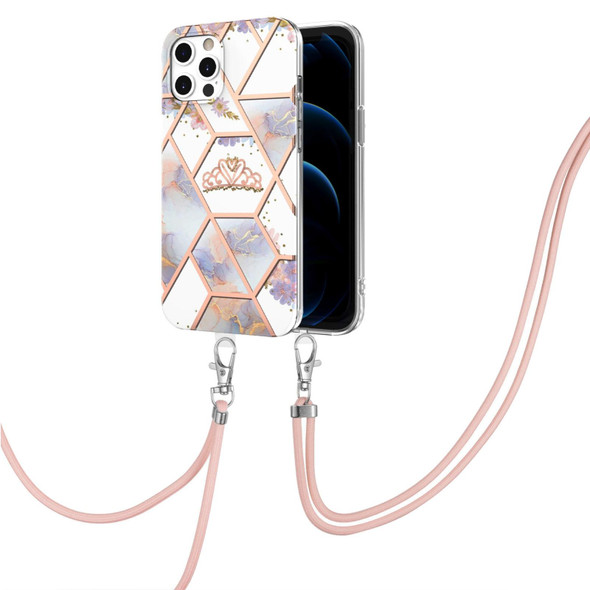 Electroplating Splicing Marble Flower Pattern TPU Shockproof Case with Lanyard - iPhone 12 Pro Max(Imperial Crown)