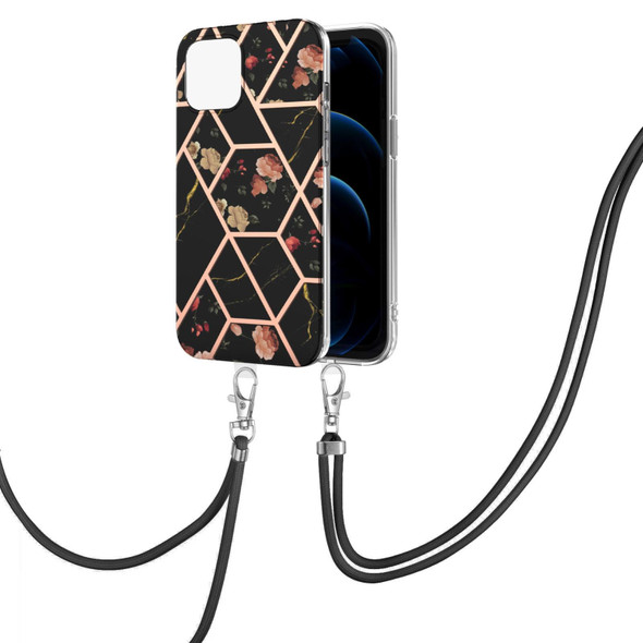 Electroplating Splicing Marble Flower Pattern TPU Shockproof Case with Lanyard - iPhone 13 mini(Black Flower)