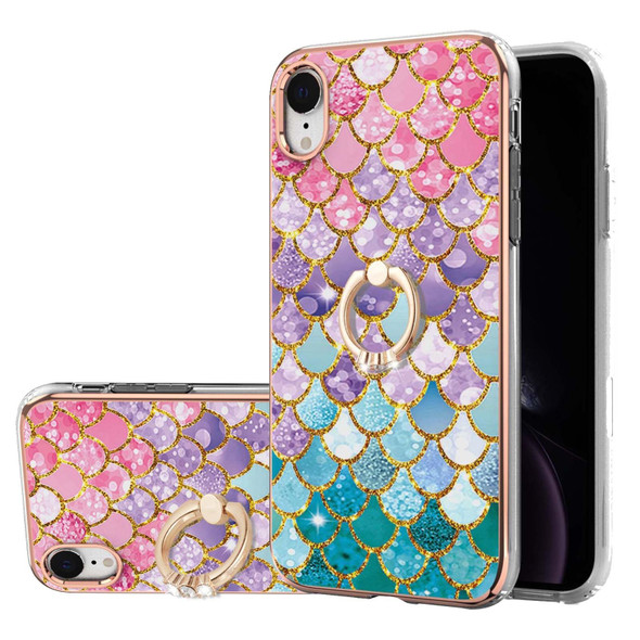 Electroplating Pattern IMD TPU Shockproof Case with Rhinestone Ring Holder - iPhone XR(Colorful Scales)