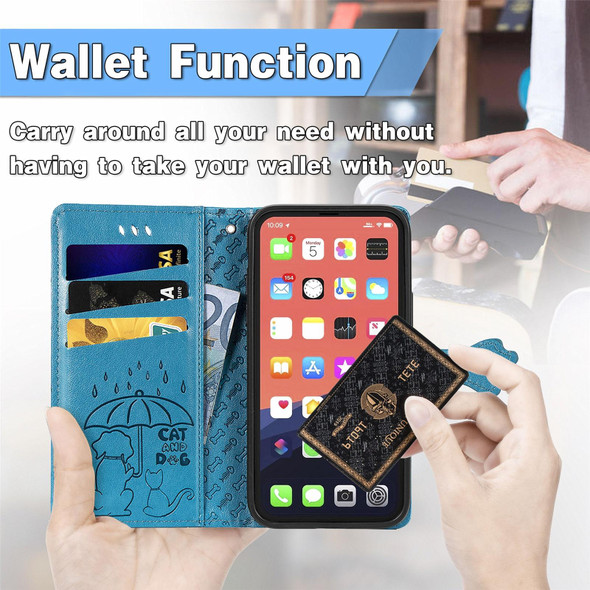 Cute Cat and Dog Embossed Horizontal Flip Leatherette Case with Holder & Card Slots & Wallet & Lanyard - iPhone 13 mini(Blue)