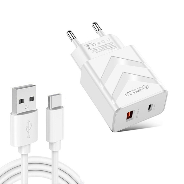 LZ-715 20W PD + QC 3.0 Dual-port Fast Charge Travel Charger with USB to Type-C Data Cable, EU Plug(White)