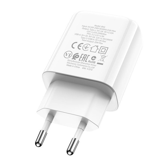 Borofone BN4 Potential PD20W Type-C + QC3.0 USB Charger, EU Plug(White)