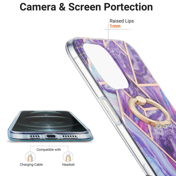 Electroplating Splicing Marble Pattern Dual-side IMD TPU Shockproof Case with Ring Holder - iPhone 13 mini(Dark Purple)
